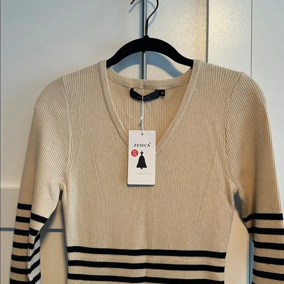 Striped Zesica Beige and Black Long Sleeve Dress, brand new!! Size medium. - Picture 2 of 6